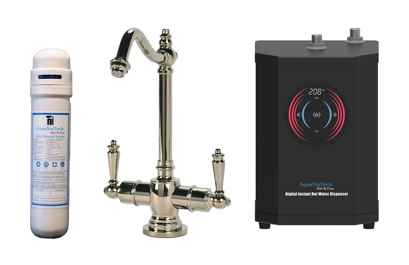 Filtration/Hot Water Combo - Traditional Hook Spout Faucet With Digital Instant Hot Water Dispenser and Filtration System